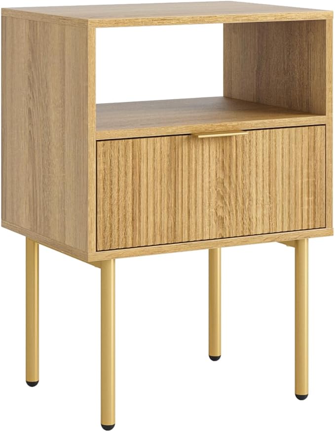 Nightstand,Morden Bedside Table with Gold Frame,Small White Night Stand,End Table,Bedside Furniture,Side Table with Drawer and Shelf for Bedroom,Living Room (1Drawer, Oak)