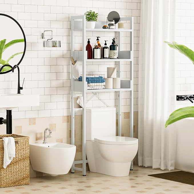 OTK Over-The-Toilet Storage, 3 Tier Bathroom Organizer Shelf, Freestanding Space Saver with Toilet Paper Holder, Multifunctional Over The Toilet Rack, White