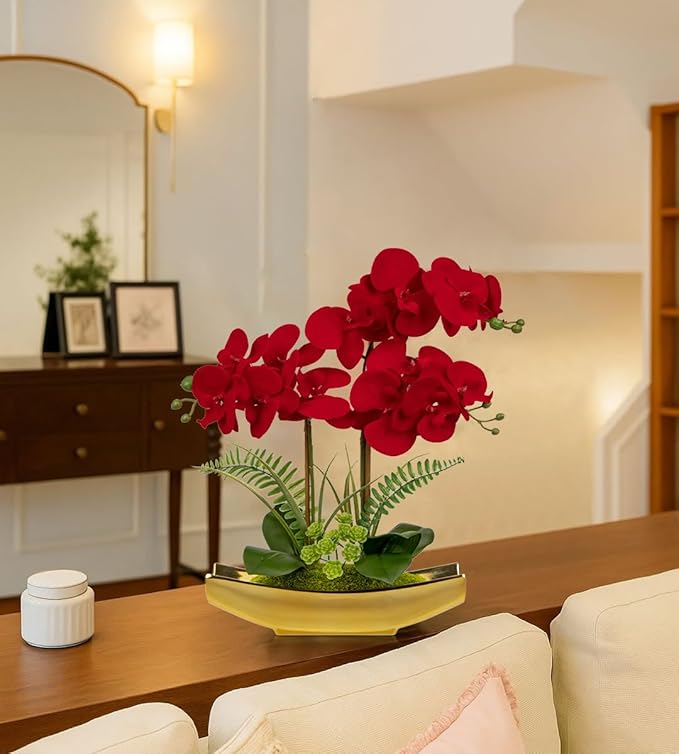 Briful Orchid Artificial Flowers 17" Silk Red Orchid Floral Arrangement with Gold Pot Real Touch Faux Orchid Plant for Home Office Room Kitchen Table Centerpiece Shelf Decor