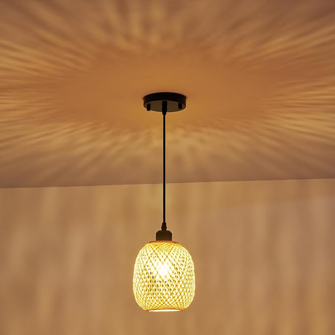 TERLEENART 1pcs Hand Woven Bamboo Boho Chic Pendant Light,Adjustable Cord Bamboo Rattan Ceiling Hanging Light for Dining Room Bar Cafe Restaurant Craft Room