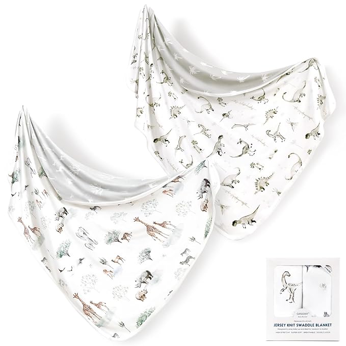 GRSSDER Baby Blankets Super Soft Stretchy Jersey Swaddle Blanket 2 Pack for Girls and Boys, Double Layer Reversible Receiving Blankets 34 x 44, Extra Large for Swaddling, Dinosaurs