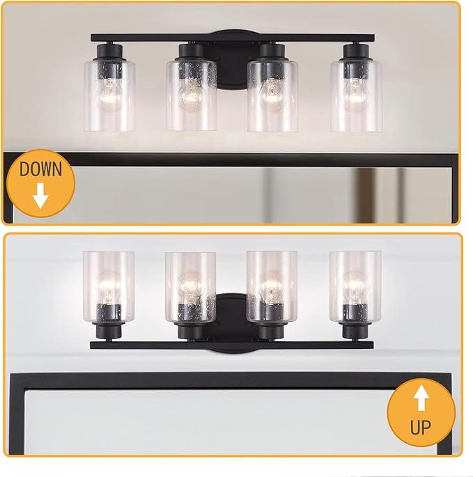 Modern Matte Black Bathroom Vanity Light Fixtures, 4-Light Clear Seeded Glass, Rustproof Wall Mount