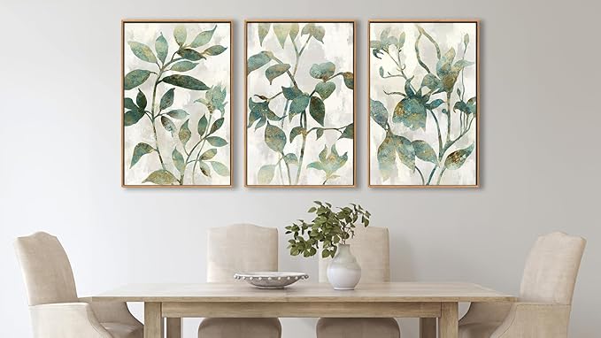 Large Framed Canvas Wall Art - Natural Float Framed Rustic Green Flowers Leaves Pictures Paintings White Grey Artwork Decor for Bedroom Living Room Kitchen Home Office Decoration 60" X 28" Set of 3