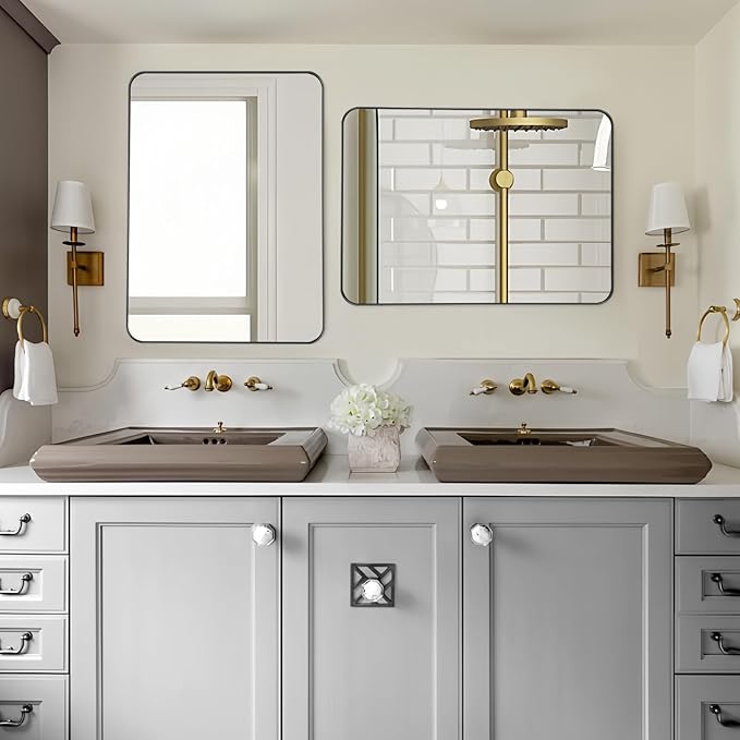 22x30 Inch Rectangle Bathroom Mirror, Brushed Black Vanity Mirrors for Wall, Metal Frame Wall Mirror, Mirror with Round Corner for Bedrooms, Entryways, Living Rooms, Horizontal/Vertical