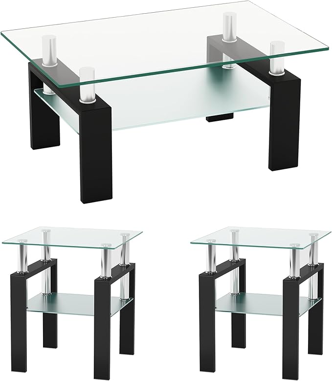 IANIYA 3 Piece Living Room Table Set, Modern Tempered Glass Coffee Table Set, Glass Coffee Table Black Metal Frame End Table for Living Room Apartment Small Space, Clear