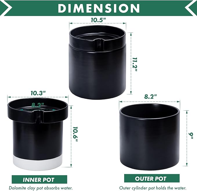Phoenix Vine 10 Inch Cylinder Self Watering Planter, Black Glazed Outer Plant Pot with Dolomite Clay Inner Planter for Indoor Plants, Black, 31-A-I-B