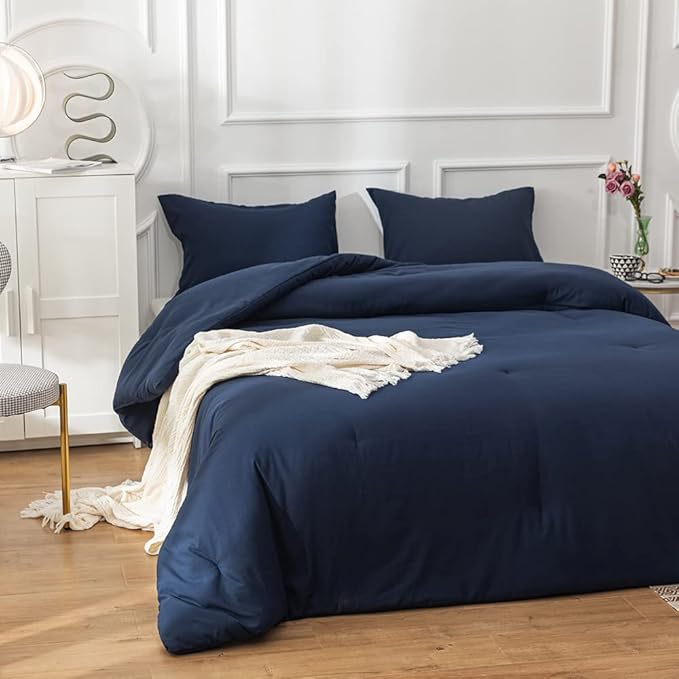 Pureant Navy Blue Comforter Full Set Dark Blue Bedding Comforter Set Solid Navy Full Blanket Quilts Men Women Cotton Blue Full Size Comforter Breathable Soft Navy Blue Comforter with 2 Pillowcases