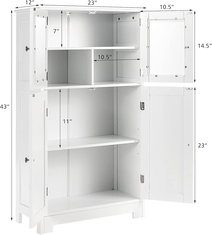 GOFLAME Bathroom Storage Cabinet, Freestanding Storage Cabinet with 4 Doors, Wooden Kitchen Cupboard with Adjustable Shelf, Buffet Sideboard, Multipurpose Home Organizer for Bathroom, Kitchen, White