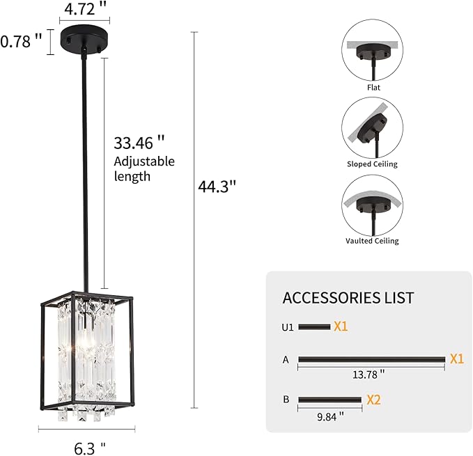 Modern Black Crystal Pendant Light Kitchen Island Dining Room entryway Haning Light Fixture