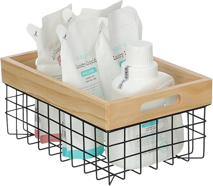 Set of 3 Metal Wire Baskets for Organizing Wood Top with Handles Storage Organizer Farmhouse Decor for Kitchen Cabinets Pantry Laundry Room Bathroom Closets Nesting Countertop Baskets