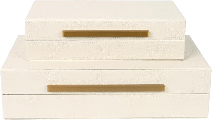 Beige Shagreen Decorative Storage Boxes – Set of 2 Faux Leather Jewelry & Memory Boxes with Gold Metal Handles, Nesting Photo Organizers for Home Decor, Gift, and Office Organization