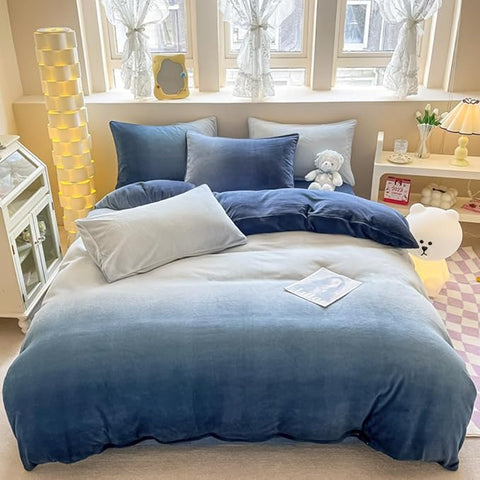 CLOTHKNOW Blue White Fluffy Comforter Sets Twin/Twin XL Dark Blue Velvet Bedding Comforter Sets Blue White Bedding Sets Soft