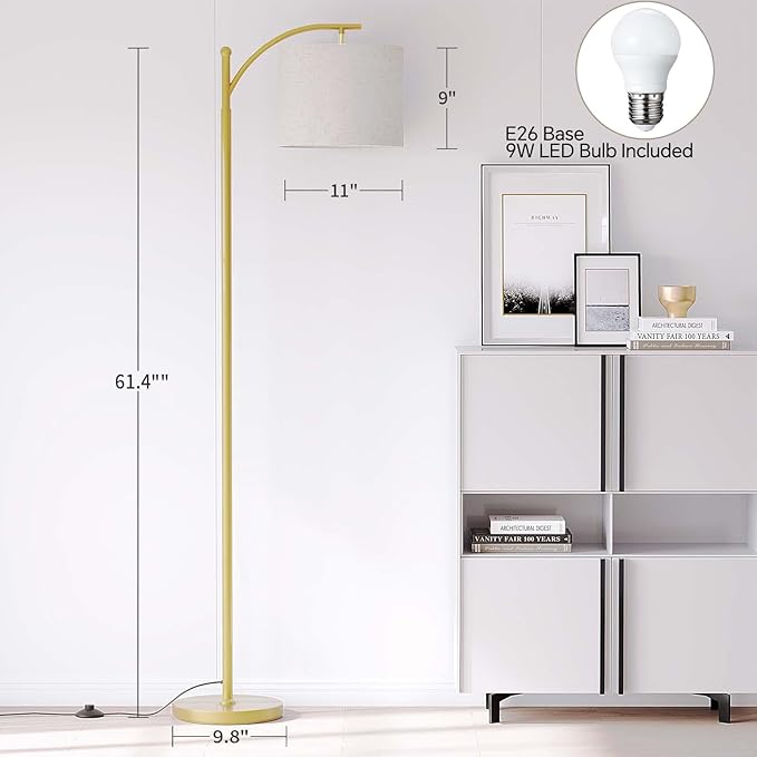 SUNMORY Arc Floor Lamp,Modern Floor Lamp with 9W 3 Color Temperatures Bulb,Metal Standing Lamps with Adjustable Hanging Lampshade,Tall Floor Lamps for Living Room,Bedroom, Gold Without Remote