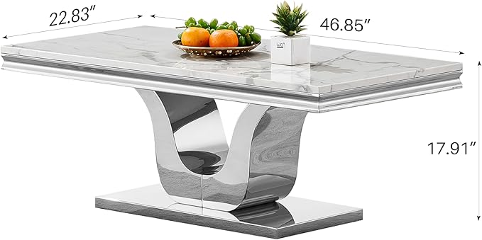 SSLine Rectangular Faux Marble Coffee Table for Living Room Modern Luxury White Marble Center Table with Silver Pedestal Base 46.8" Mid-Century Cocktail Table with Mirrored Stainless Steel Frame