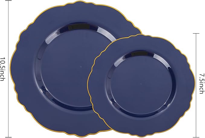 WDF 100pcs Blue Plastic Plates - Baroque Blue&Gold Disposable Plates for Parties/Wedding-50Plastic Dinner Plates 10.25in, 50Salad Plates 7.5in