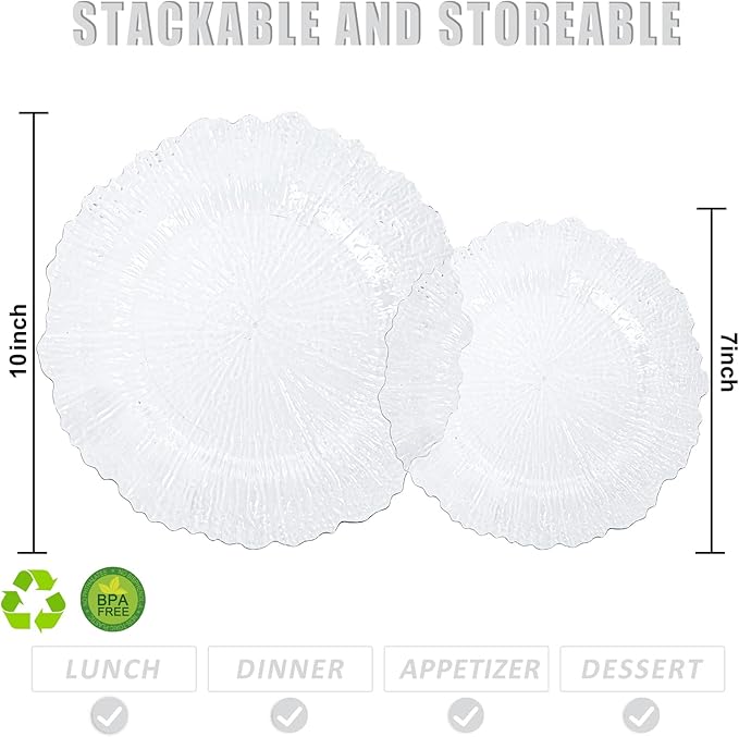 U-QE 60 Pieces Clear Plastic Plates for Party - Disposable & Reusable - Reef Disposable Plates - Premium Hard Plastic Plates for Wedding - Including 30 Dinner Plates 10 '' & 30 Dessert Plates 7 ''