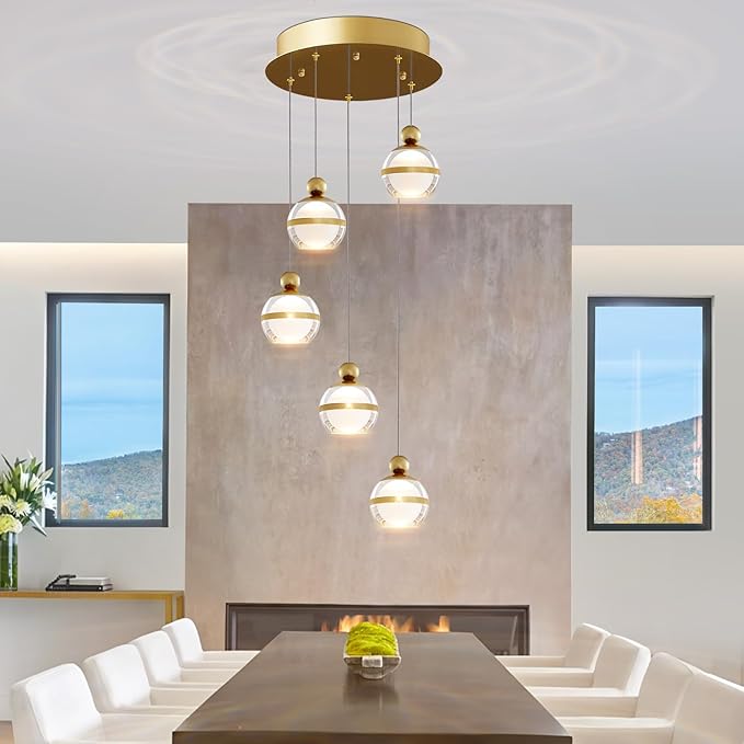 Modern Pendant Lighting Dimmable LED Hanging Pendant Light Fixtures Gold Cluster Pendant Lights Kitchen Island for Dining Room Living Room Bedroom Stairs Globe 5-Light