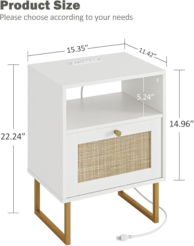 Rattan Nightstand with Charging Station, Boho Night Stand Farmhouse Wood Bedside Table with Storage and Open Shelf, End Side Accent Table for Bedroom,Living Room,White