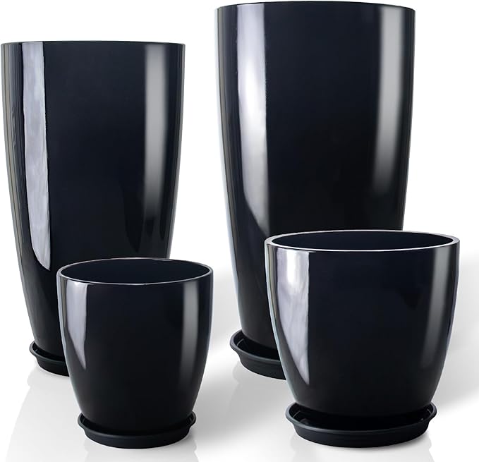 ZMTECH 24/21/12/10" H Large Plastic Planters with Drainage Hole and Saucer -Set of 4 Tall Plant Pots for Indoor & Outdoor Use,Black Glossy Smooth Lightweight Flower Pot for Front Porch Patio Deck