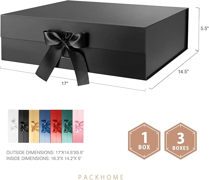 PACKHOME 17x14.5x5.5 Inches, Extra Large Gift Box with Lid, Magnetic Closure Boxes with Ribbon for Clothes and Large Gifts (Glossy Black)