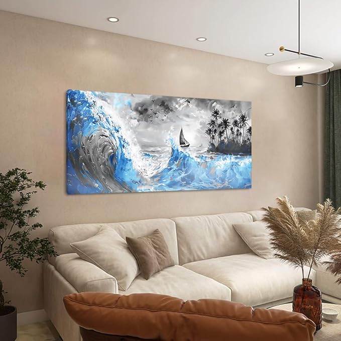 Blue Waves and Sailboat On Black and White Background Wall Art Decor Artwork for Living Room (30x60 Inches)