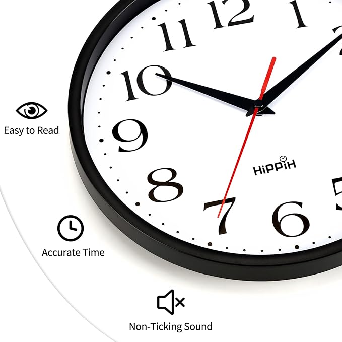 HIPPIH 2 Pack Silent Wall Clock, 12 Inch Non Ticking Quiet Digital Sweep Decorative Battery Operated Wall Clocks for Living Room Bedroom Kitchen School Office Decor, Black