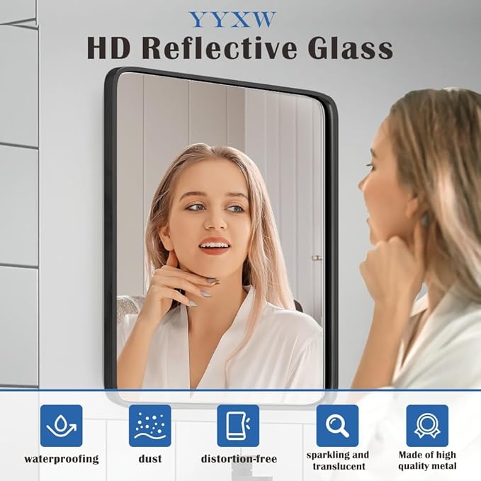 2pack Black Metal Framed Bathroom Mirror for Wall, 18X30 Inch Rounded Rectangle Mirror, Matte Black Bathroom Vanity Mirror Farmhouse, Anti-Rust, Tempered Glass, Hangs Horizontally or Vertically