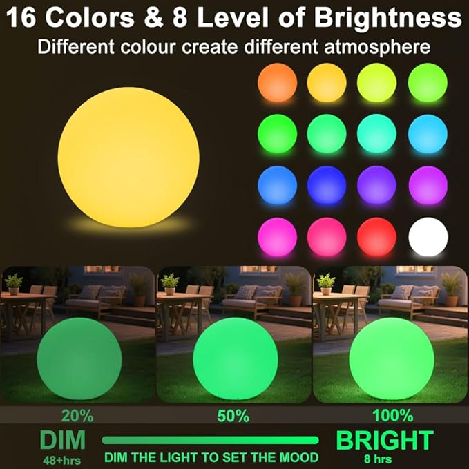 14-in LED Ball Light, Rechargeable Outdoor Globes Light Dimmable RGB Color Changing Globe Floor Lamp w/Remote, Modern Versatile LED Globe Orb Lights Waterproof Glowing Orb Lamp for Home Yard Lawn Path
