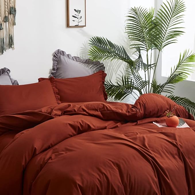 CLOTHKNOW Rust Ruffles Queen Comforter Set Farmhouse Fluffy Bedding Comforter Sets Burnt Orange Comforter Soft Shabby Chic Comforter Vintage Rustic Bedding Sets