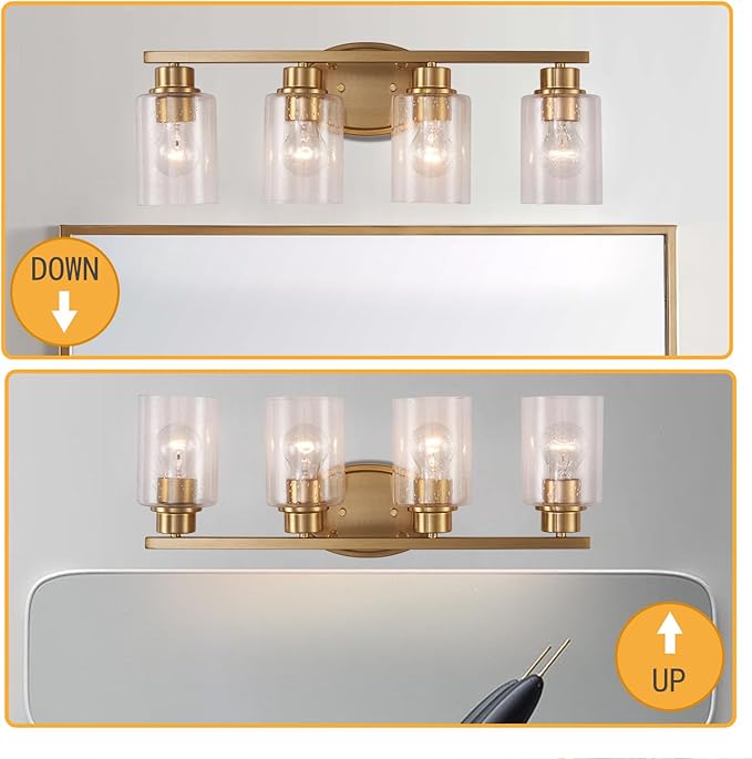 Modern Brushed Gold Bathroom Vanity Light Fixtures Over Mirror, 4 Light Rectangular Wall Mount with Clear Seeded Glass, Anti-Rust, 24.02 x 11.61 x 8.07 inches