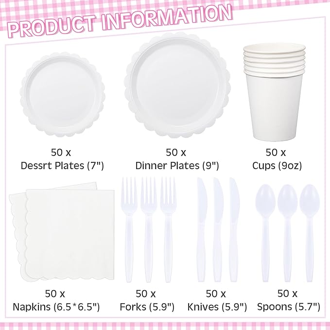 350 Pcs White Plates and Napkins, 50 Guest White Party Supplies Include Scalloped Paper Plates Napkins Cups Plastic Spoons Forks Knives Disposable Tableware Set for Weeding Bridal Baby Shower