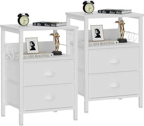 Furologee Nightstands Set of 2, End Table with 2 Fabric Drawers, Night Stand with 2 Hooks, Open Wood Shelf Bedside Table for Bedroom/Living Room/White