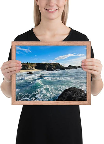 Bodega Bay Coastal Wall Art – Framed Ocean Photography Print – California Nature Landscape Poster – Seascape Decor for Living Room or Bedroom - (11x14 inches) - Wooden Framed (Red Oak)