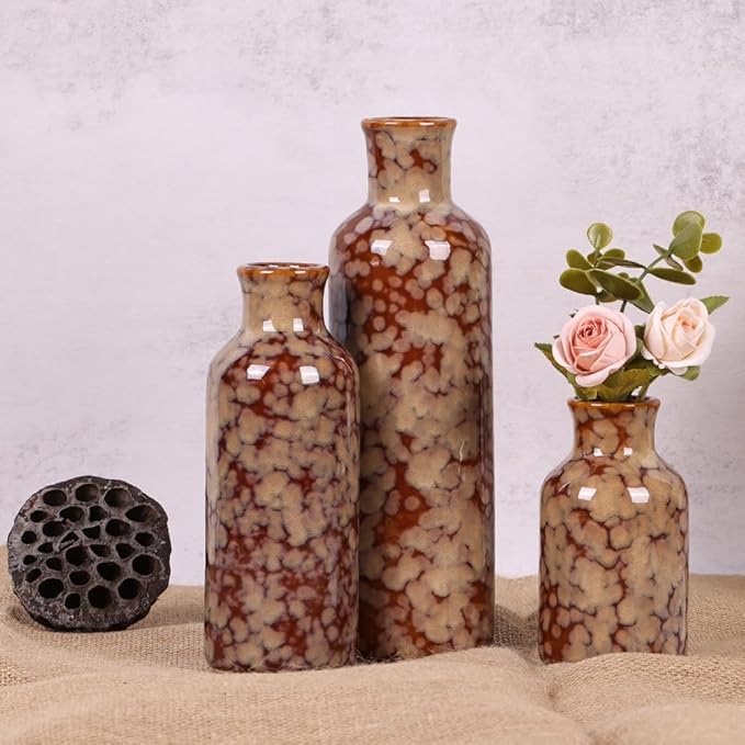 Ceramic Vase Set of 3, Modern Home Decor Distressed Rift Ceramic Small vase for Country Home Decoration, Living Room Decor, Table Decor, and Entrance Decoration(Vase-B)