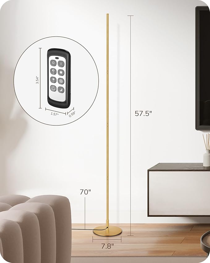 EDISHINE LED Corner Floor Lamp, Dimmable Standing Light with Remote, 7 Color Temperature 2700K-6000K, 57.5" Modern Floor Lamp for Bedroom, Living Room, Office, Gold