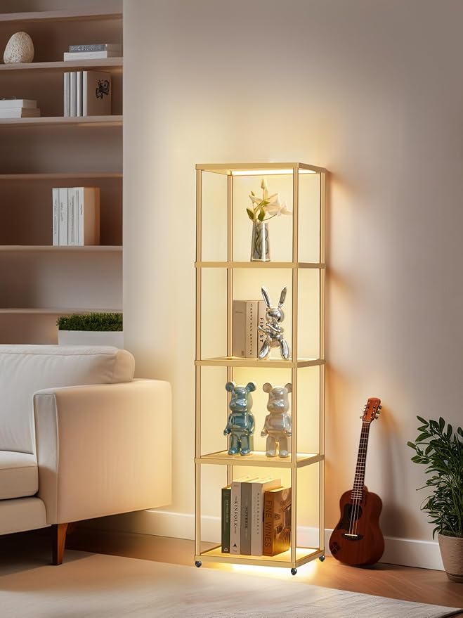 MANBUR Display Shelf with Dimmable LED Floor Lamp, Display Cabinet with Glass Bookcase, Home Decor, Bedroom Decor, Bookshelf with Light, Open Book Shelf with 5-Tier Shelf for Living Room Decor Gold