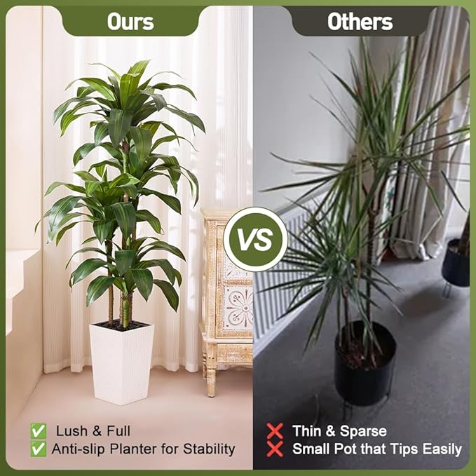 6FT Artificial Dracaena Tree - UV Resistant Faux Tropical Plant, Potted Fake Tree with Taper Planter & Pebbles - Indoor Outdoor Greenery for Home, Porch, Living Room, Bedroom Decor, VN127