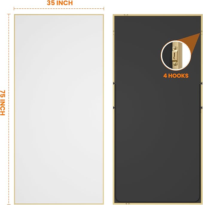 Full Length Mirror, 75"x35" Rectangle Standing Floor Full Body Mirror for Wall with Aluminum Alloy Frame for Bedroom, Living Room, Dressing Room(Gold)