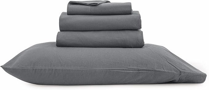 BESTOUCH Sheet Set 100% Washed Cotton Linen Feel Super Soft Comfortable Chic Lightweight 4 Pcs Home Bedding Set Solid Quiet Shade Grey King