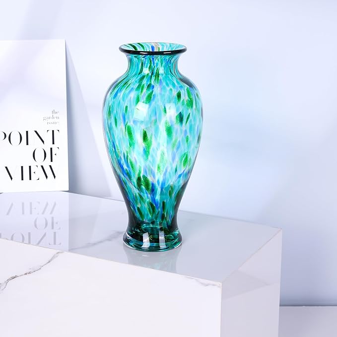11.8" Tall Blown Teal Glass Vase, Green Opaque Glass Vase, Unique Design Turquoise Wide Mouth Art Decoration for Home, Living Room, Dining Table, Pampas Grass Decor (Greener)