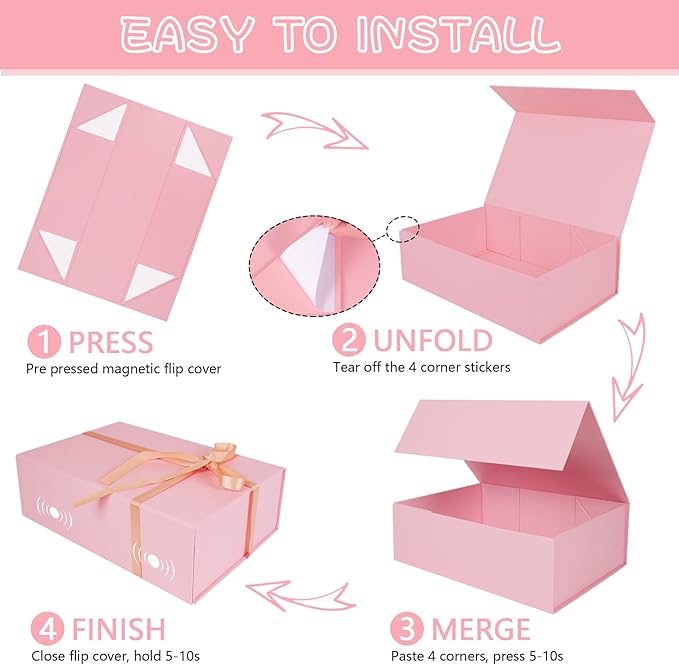 RayofSun Pink Gift Box,13.8" x 9" x 4.3" Large Groomsmen Proposal Box with Magnetic Closure Lid and Ribbon for Anniversary Wedding Birthday Graduation Festivals (3 Pack)