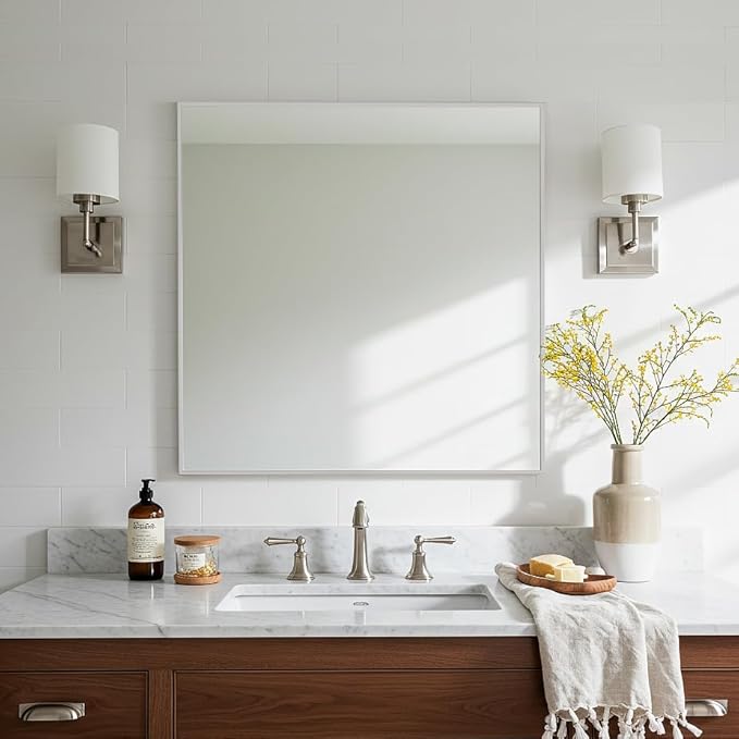 30x30 Inch Silver Bathroom Mirror - Copper-Free Mirror, Aluminum Alloy Frame Vanity Rectangle Wall Mounted Modern Mirror for Bedroom/Living Room/Porch Horizontal or Vertical