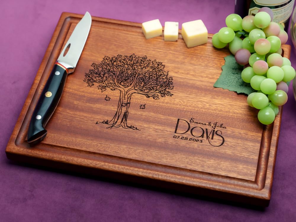 Straga Personalized Cutting Boards | Handmade Wood Engraved Charcuterie | Custom Wedding, Anniversary, Housewarming Gift for Family (Tree Design No.404)