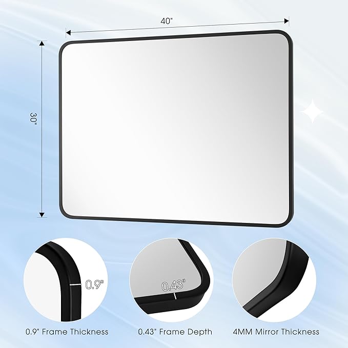24x36 Inch Rectangle Bathroom Mirror with Black Metal Frame, Rounded Corner Rectangular Vanity Mirror for Wall, Modern Large for Bedroom, Living Room, Horizontal or Vertical