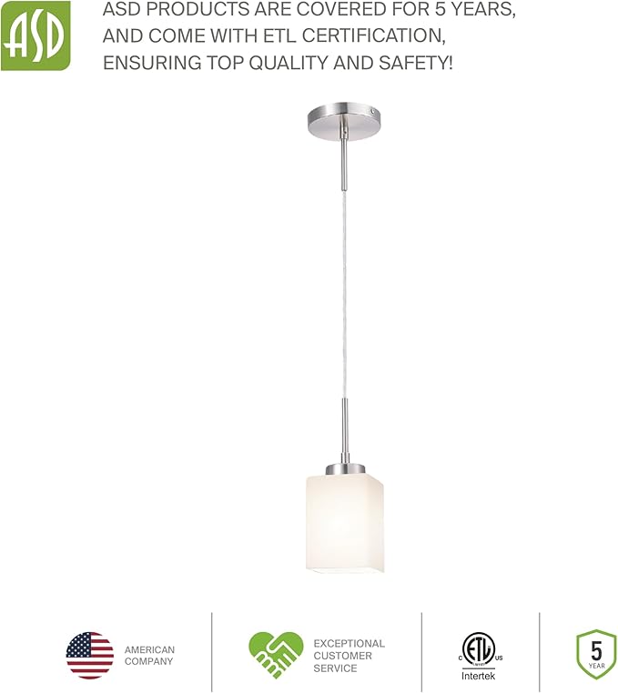 ASD Single Mini-Pendant Ceiling Light Fixture | 60W E26 Socket 120V | Dimmable, LED/CFL/Incandescent Bulbs Compatible, ETL Listed | Hanging Kitchen Island Lighting, Frosted Drop Lamp | Nickel