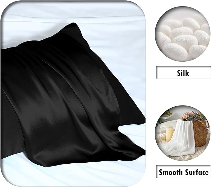 Mulberry Silk Pillowcase for Hair and Skin Pillow Case with Hidden Zipper Soft Breathable Smooth Cooling Silk Pillow Covers for Sleeping (Black, King（20"X 36"）)