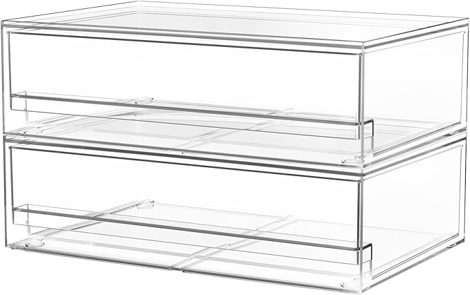 A-LuGei 【𝟮𝗣𝗖𝗦】 Acrylic Stackable Storage Drawers, 11.8" W Makeup Organizer, Bathroom Organizer and Storage, Plastic Storage Bins for Kitchen Cabinet Pantry Medicine Fridge