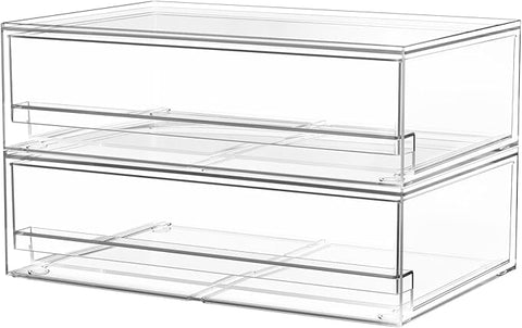 A-LuGei 【𝟮𝗣𝗖𝗦】 Acrylic Stackable Storage Drawers, 11.8" W Makeup Organizer, Bathroom Organizer and Storage, Plastic Storage Bins for Kitchen Cabinet Pantry Medicine Fridge