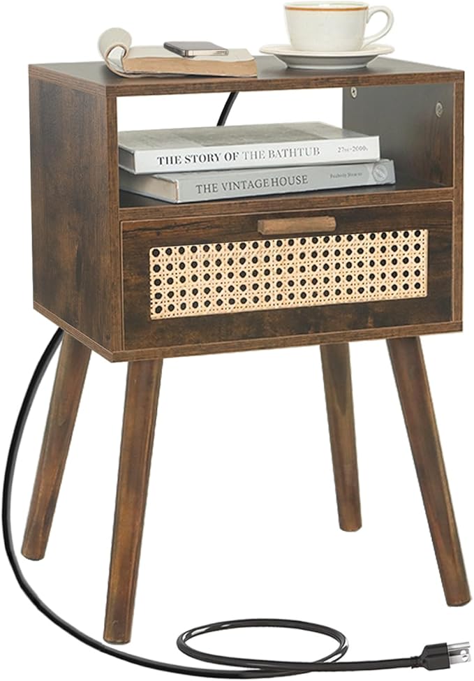 MaxSmeo Small Nightstand with Charging Station, Rattan Side Table Mid Century Modern Bedside Table for Bedroom, Living Room and Small Spaces, Solid Wood Legs (Rustic Brown)