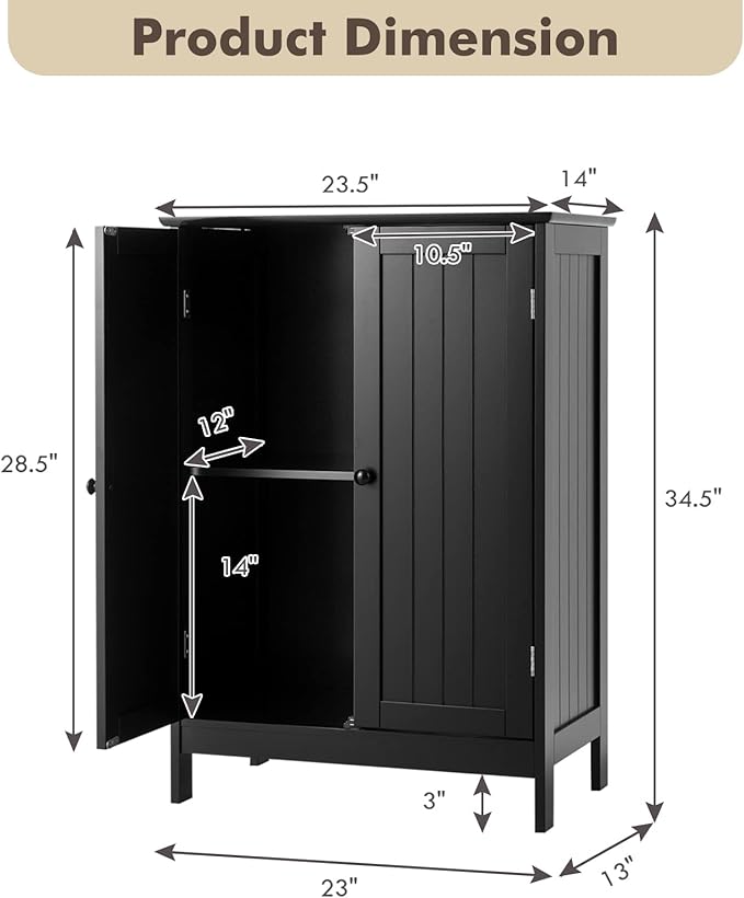 GLACER Bathroom Floor Cabinet, Wooden Storage Cabinet with Double Doors, Suitable for Bathroom, Living Room, Entryway, 23.5 x 14 x 34 inches (Black)